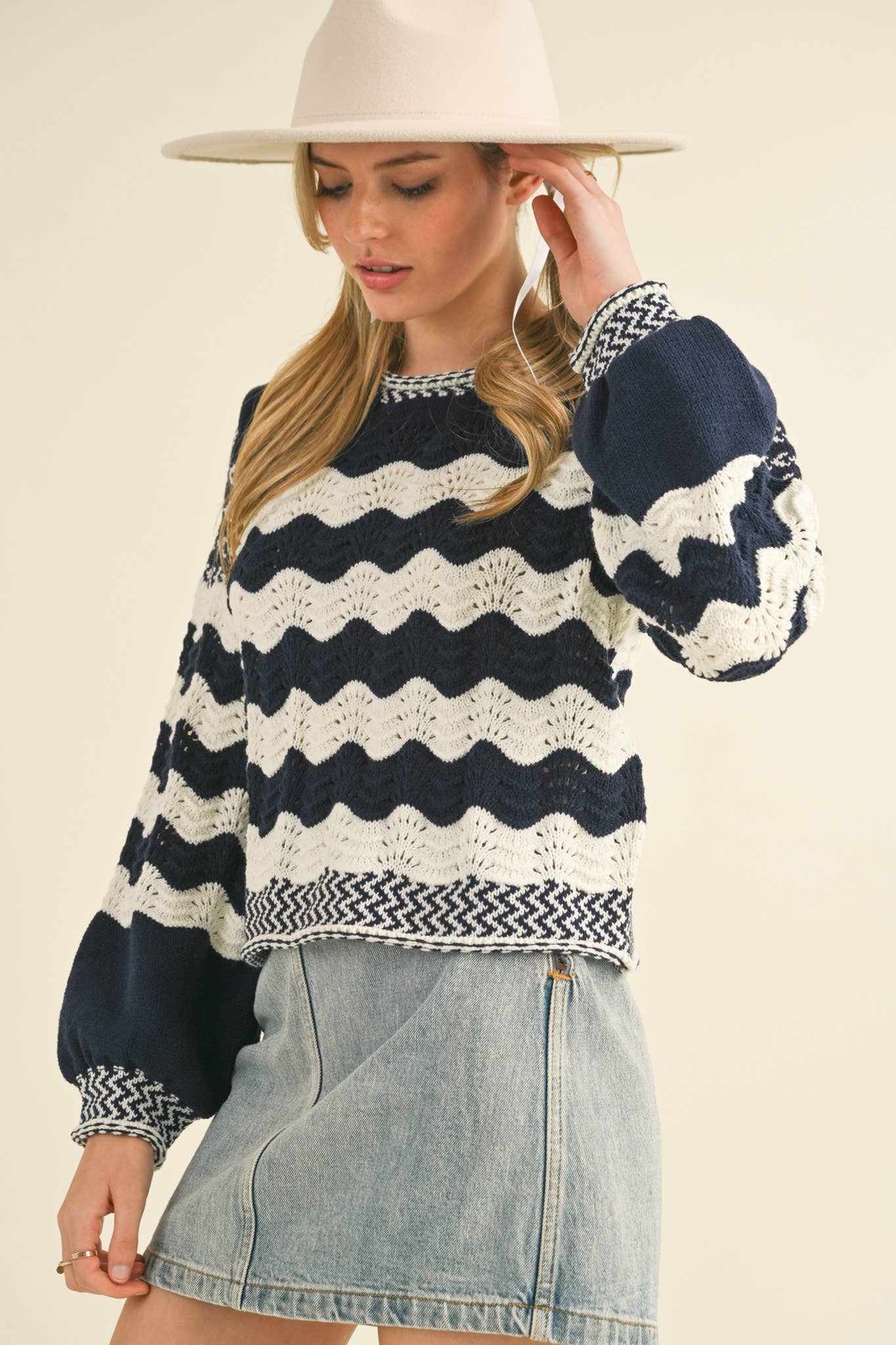 Wavy Striped Puff Sleeve Sweater