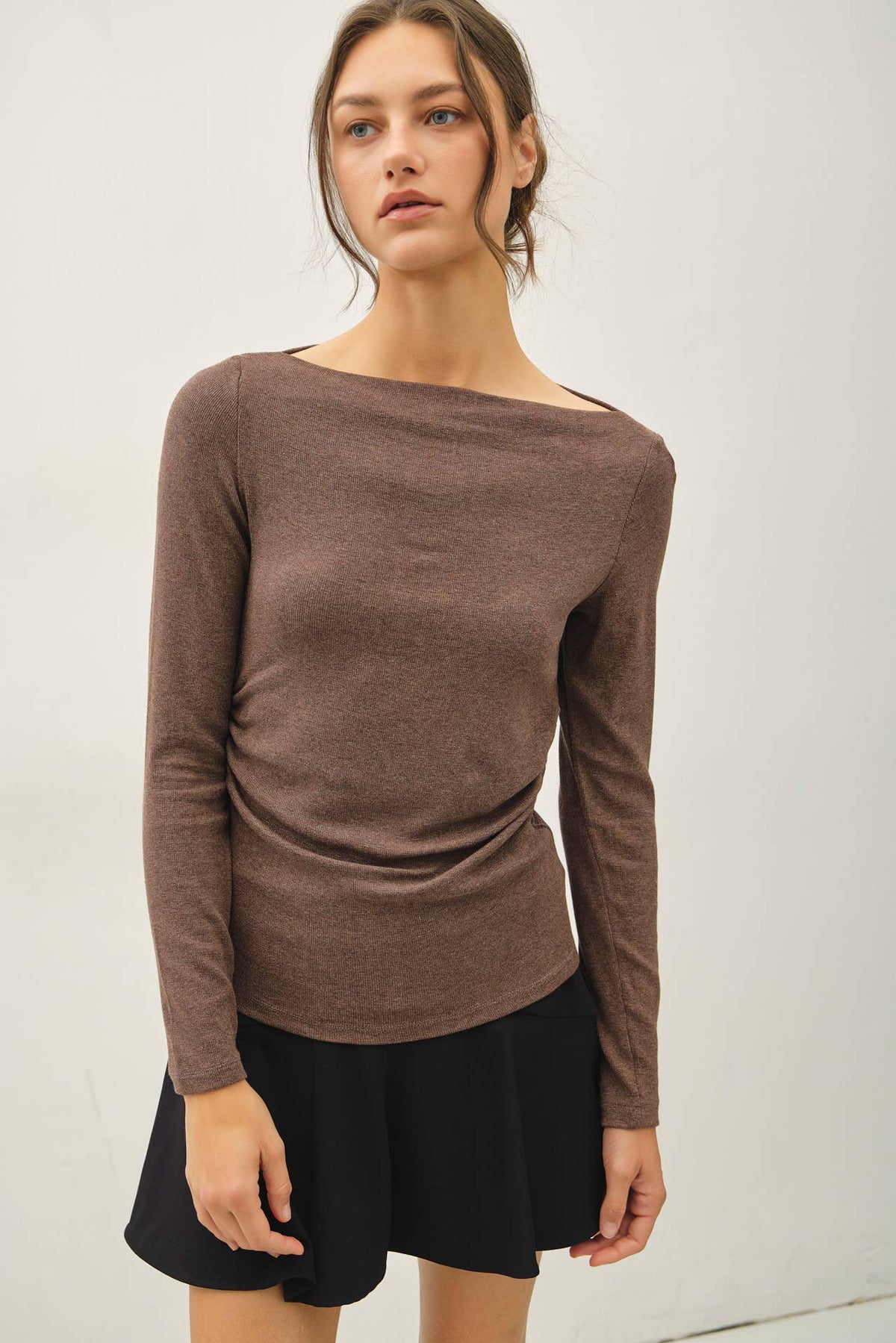 Classic Ribbed Boat Neck Shirred Waist Top