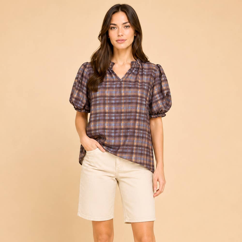 Plaid Puff Sleeve Ruffle Neck Blouse