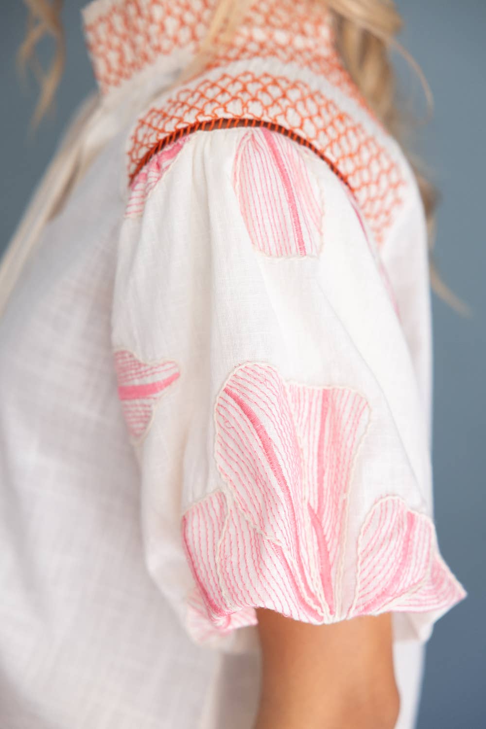 Floral Embroidery Contrast Smocked Neck Top