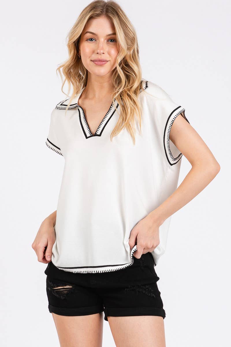 Knit Sleeveless Top with Pink Stitching