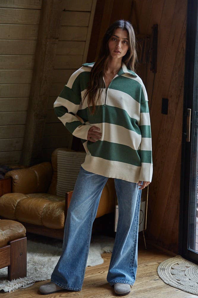 Knit Striped Turtleneck Half Zip Up Sweater