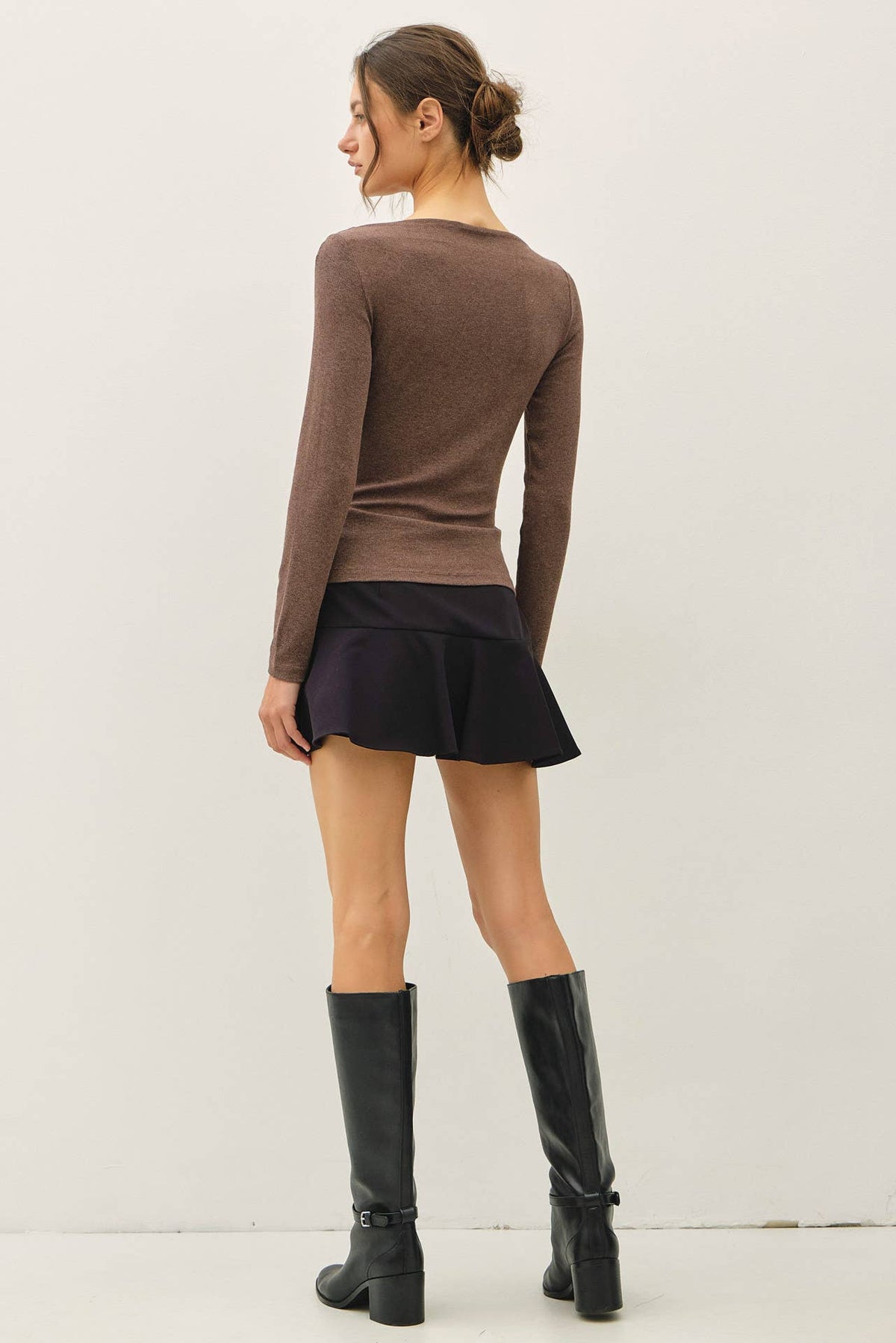 Classic Ribbed Boat Neck Shirred Waist Top