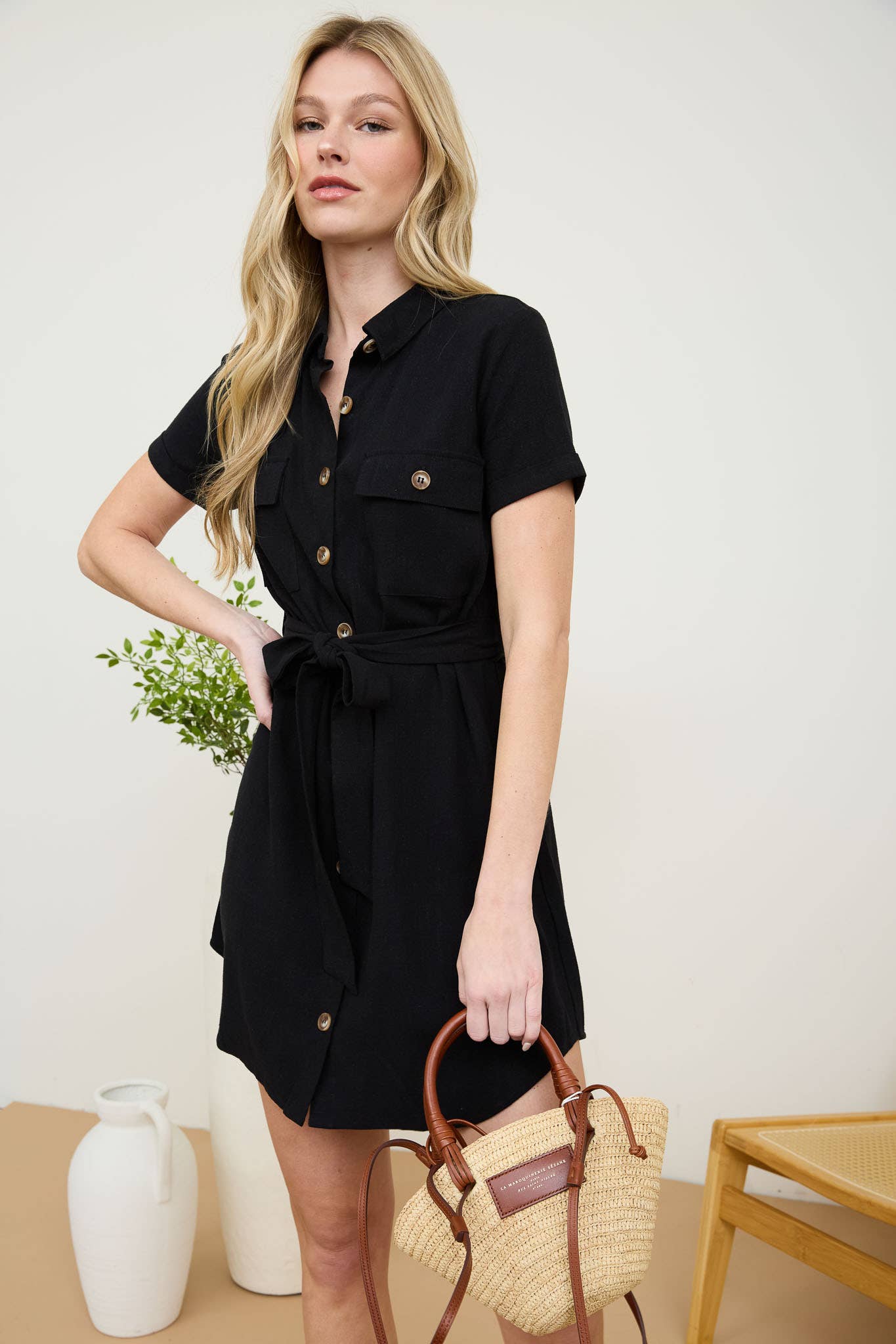Button Down with Collar Belted Mini Dress