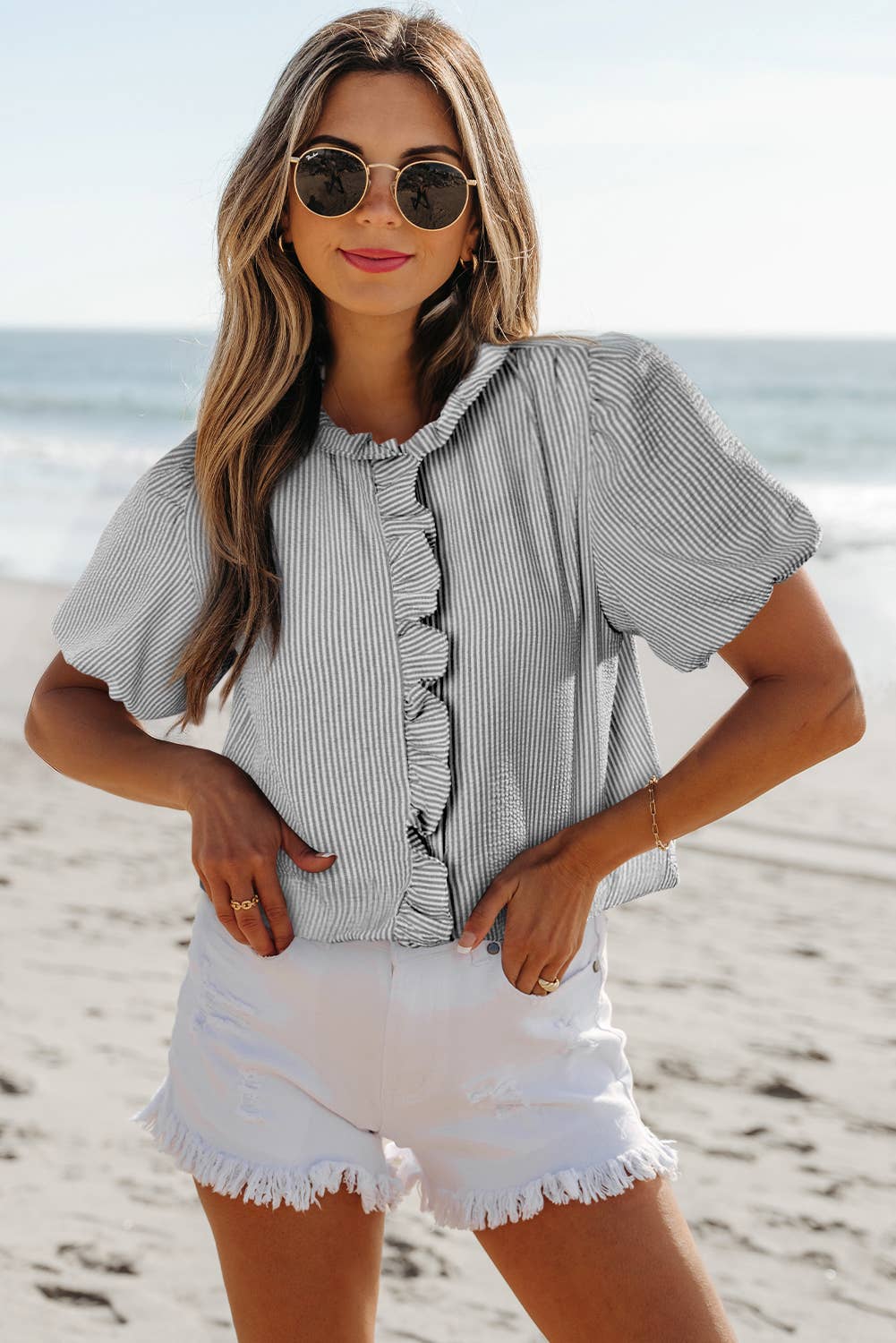 Texture Striped Ruffled Shirt