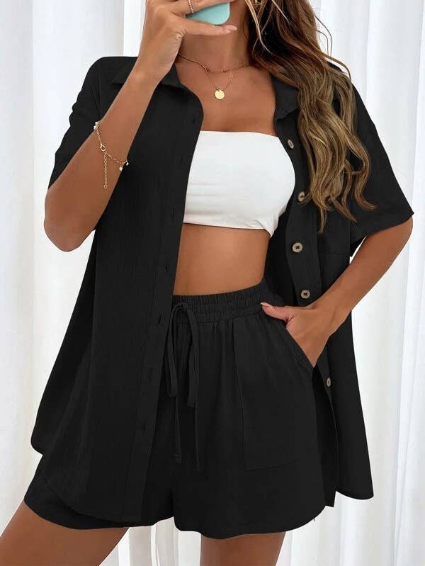 Sweetkama Ladies Solid Color Top and Short Set Daily Set