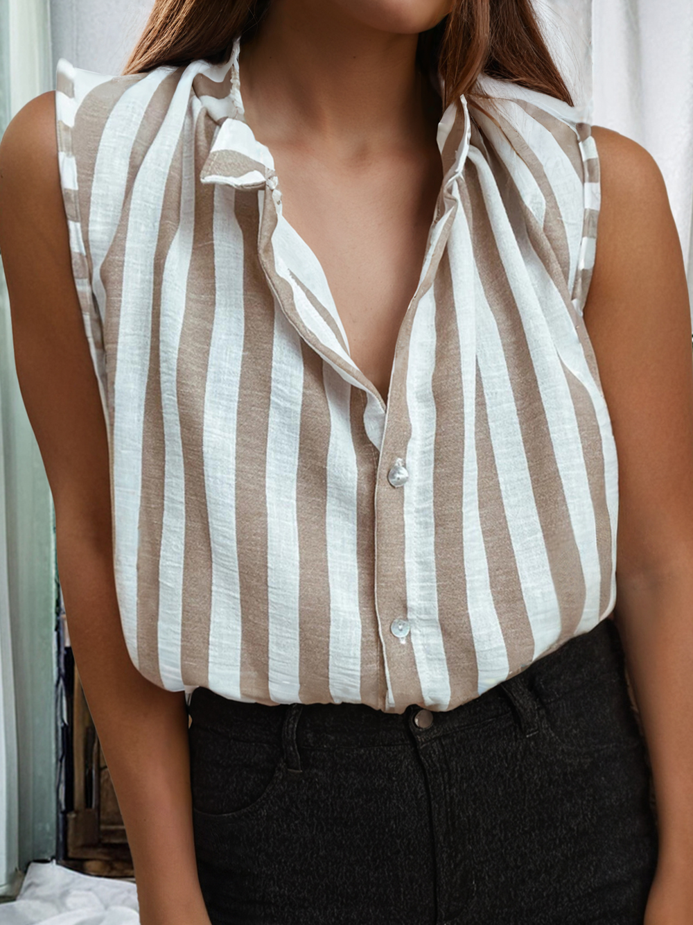 Stripe Casual Button Down Sleevless Shirt