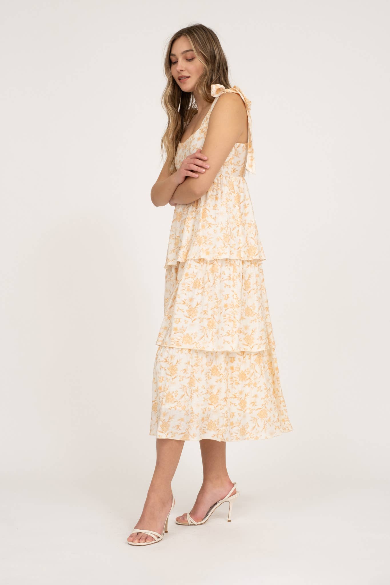 Floral Tie Strap Ruffle Midi Dress